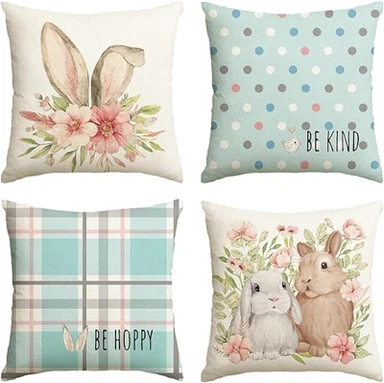 Veľkonočný králik kvet Buffalo kockované bodkované vtáčie puzdro na vankúšik - Dekorácia na pohovku (sada 4 kusov)